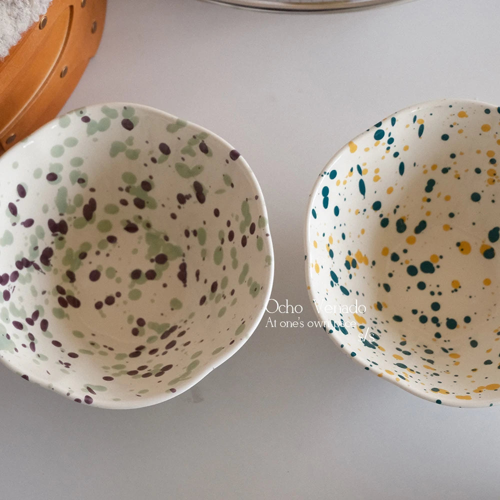 Retro Splash-Ink Ceramic Bowls Creative Multi-Color Polka Dots Yogurt Fruit Bowl for Breakfast Home Kitchen Dining Tableware