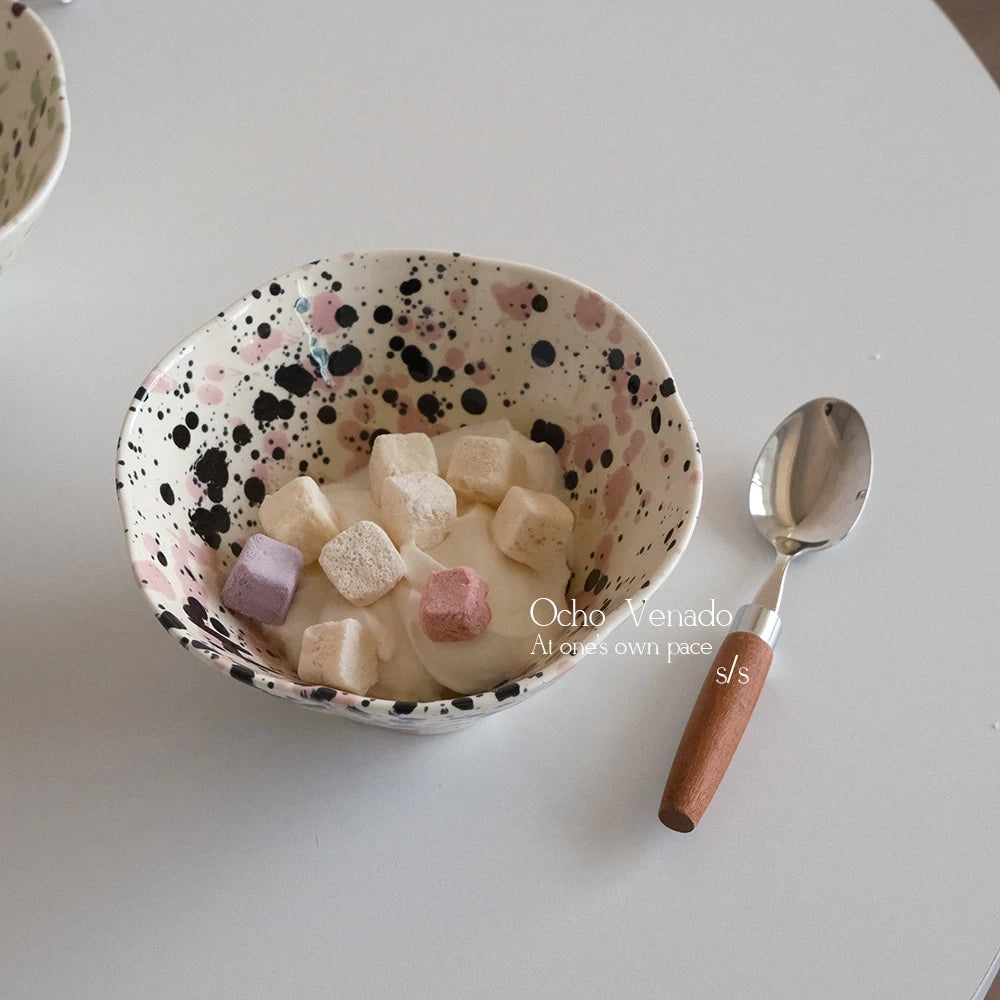 Retro Splash-Ink Ceramic Bowls Creative Multi-Color Polka Dots Yogurt Fruit Bowl for Breakfast Home Kitchen Dining Tableware